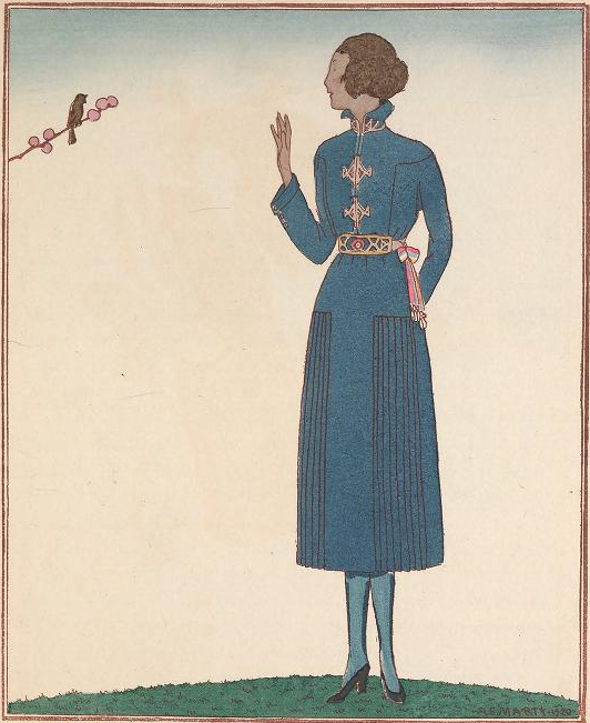 line drawing of woman with short brown hair wearing a petrol blue long-sleeved high-neck dress with decorative frogging and gold belt, waving at a small bird sitting on a blooming tree branch